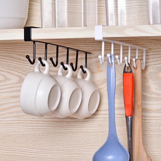 6 Hooks Metal hanger, Storage Shelf Wardrobe Cabinet Metal Under Shelves Mug Cup Hanger Kitchen Organizer Rack Holder