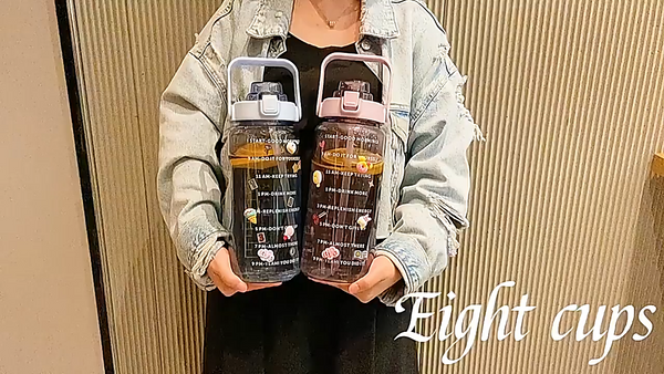 2000L Water Bottle with Straw,Brush,3D + 2D Strickers Transparent Portable Travel water bottles for Fitness,BPA-Free Hydration Bottle with Time Markers, Large Capacity Leakproof Water bottle